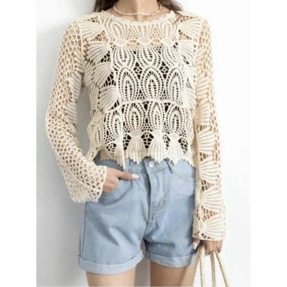 rebellion again bone white ivory Sheer knit lace long sleeve top Boho Medium
